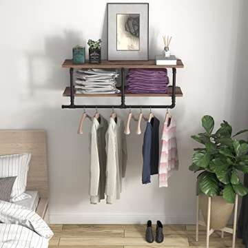 TEDIDUWA Industrial Pipe Clothing Rack with Top Shelf, Space-Saving Wall Mounted Clothes Rack 2 Tiers, Shelf with Hanging Rod for Closet Storage, Laundry Room. (2Tier, Brown)