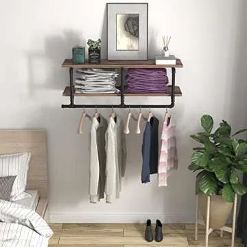 TEDIDUWA Industrial Pipe Clothing Rack with Top Shelf, Space-Saving Wall Mounted Clothes Rack 2 Tiers, Shelf with Hanging Rod for Closet Storage, Laundry Room. (2Tier, Brown)