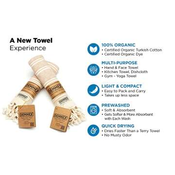 DEMMEX Certified Organic & Oeko-TEX Turkish Cotton Hand Towels - Set of 2, Quick Dry, Absorbent for Bathroom, Kitchen, Travel – Soft Diamond Weave, Prewashed, 18x36'', Beige