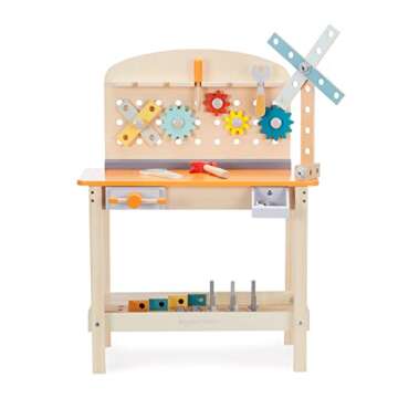 Amazon Basics Wooden Play Toy Tool Set and Workbench for Toddlers, Preschoolers, Children Age 3+ Years, 36 cm D x 58 cm W x 77.9 cm H, Multicolor