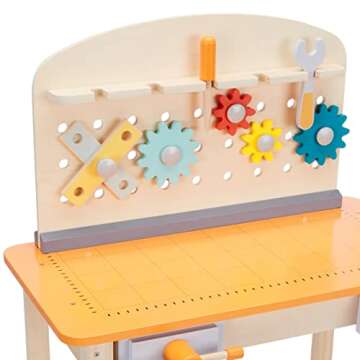 Amazon Basics Wooden Play Toy Tool Set and Workbench for Toddlers, Preschoolers, Children Age 3+ Years, 36 cm D x 58 cm W x 77.9 cm H, Multicolor