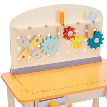 Amazon Basics Wooden Play Toy Tool Set and Workbench for Toddlers, Preschoolers, Children Age 3+ Years, 36 cm D x 58 cm W x 77.9 cm H, Multicolor