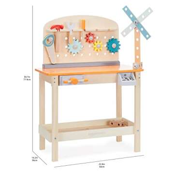 Amazon Basics Wooden Play Toy Tool Set and Workbench for Toddlers, Preschoolers, Children Age 3+ Years, 36 cm D x 58 cm W x 77.9 cm H, Multicolor