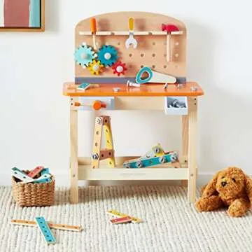 Amazon Basics Wooden Play Toy Tool Set and Workbench for Toddlers, Preschoolers, Children Age 3+ Years, 36 cm D x 58 cm W x 77.9 cm H, Multicolor