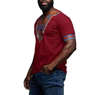 Makkrom Mens African Dashiki T Shirt Tribal Floral Print V Neck Slim Fit Shirts Tops