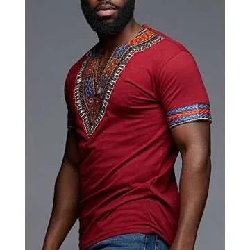 Makkrom Mens African Dashiki T Shirt Tribal Floral Print V Neck Slim Fit Shirts Tops