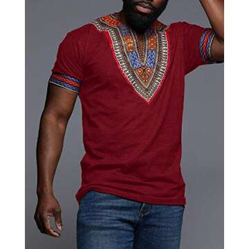 Makkrom Mens African Dashiki T Shirt Tribal Floral Print V Neck Slim Fit Shirts Tops