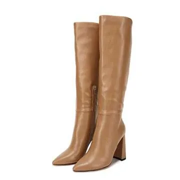 Juliet Holy Womens Pointed Toe Knee-high Boot Wide Calf Chunky Block Side Zipper Go-go Boots