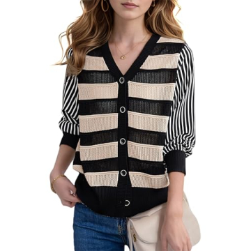 LAI MENG FIVE CATS Women's V-Neck Striped Cardigan Sweaters Long Sleeve Button Down Fashion Casual T...
