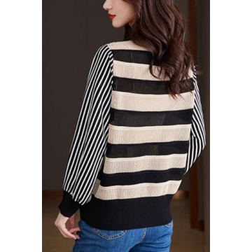 LAI MENG FIVE CATS Women's V-Neck Striped Cardigan Sweaters Long Sleeve Button Down Fashion Casual Tops Black