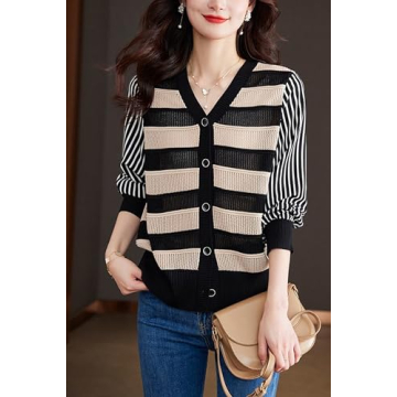 LAI MENG FIVE CATS Women's V-Neck Striped Cardigan Sweaters Long Sleeve Button Down Fashion Casual Tops Black