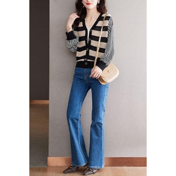 LAI MENG FIVE CATS Women's V-Neck Striped Cardigan Sweaters Long Sleeve Button Down Fashion Casual Tops Black
