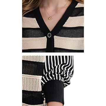 LAI MENG FIVE CATS Women's V-Neck Striped Cardigan Sweaters Long Sleeve Button Down Fashion Casual Tops Black