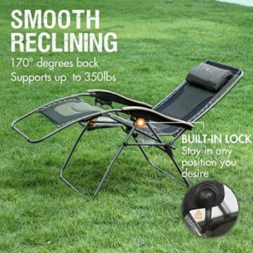 PORTAL Oversized Mesh Back Zero Gravity Reclining Patio Chairs, XL Padded Seat Folding Patio Lounge Chair with Adjustable Pillows and Cup Holder for Poolside Backyard/Lawn, Support 350lbs