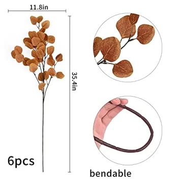 Artflower 6 Pcs Artificial Eucalyptus Stems Fall Stems Tall Silver Dollar Eucalyptus Leaves Fake Silk Eucalyptus Branches Autumn Decorations for Home Wedding Party Thanksgiving Decor(Yellow)