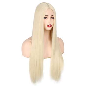 Long Blonde Wigs for Women Middle Part 613 Blonde Wig Straight Synthetic Natural Looking Daily Wig (28 Inch)