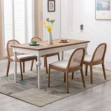 HEAH-YO Rattan Dining Chairs Set of 6, Upholstered Linen Dining Room Chairs with Backrests, Modern Kitchen Chairs with Wood Legs for Dining Room, Beige