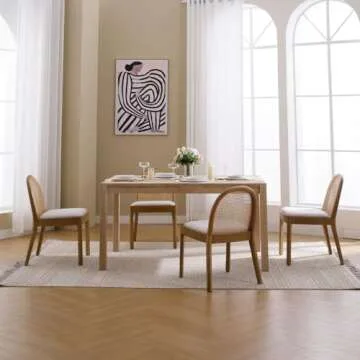 HEAH-YO Rattan Dining Chairs Set of 6, Upholstered Linen Dining Room Chairs with Backrests, Modern Kitchen Chairs with Wood Legs for Dining Room, Beige