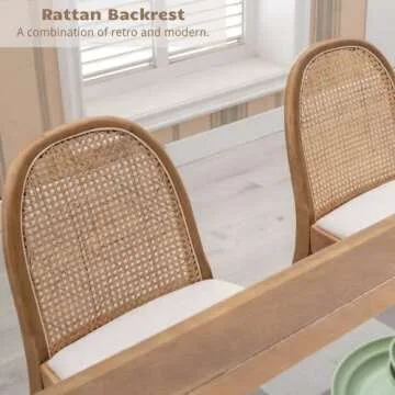 HEAH-YO Rattan Dining Chairs Set of 6, Upholstered Linen Dining Room Chairs with Backrests, Modern Kitchen Chairs with Wood Legs for Dining Room, Beige