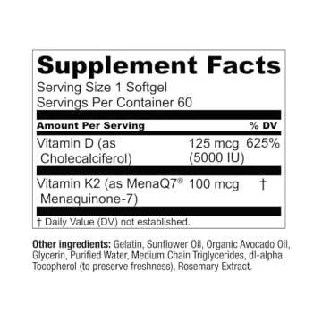 Live Conscious Vitamin K2 MK7 with D3 Supplement | Bone & Heart Health Support - Patented Vitamin K & Vitamin D3 5000 IU - 60 Softgels