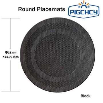 pigchcy Round Placemat,Heat Resistant Vinyl Cross-Weave Placemats for Round Table Washable Table Mats Sets(8pcs,Black)