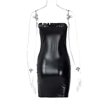 Achieer Women Sexy Club Party Strapless Bodycon Pu Leather Black Ruched Latex Dress