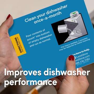 Lemi Shine Natural Dishwasher Cleaner Powered By Citric Acid | 100% Guaranteed Hard Water Cleaning Powder | Eco-Friendly Dishwasher Cleaner and Deodorizer With Fresh Lemon Scent (8 Count)