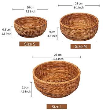 ZOVO NOTTON LDG Bread Serving Basket 3 Size Wicker Fruit Basket Rattan Storage Basket Handmade Basket Decorative Bowl (Flat Edge-LMS, 3pcs)