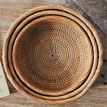 ZOVO NOTTON LDG Bread Serving Basket 3 Size Wicker Fruit Basket Rattan Storage Basket Handmade Basket Decorative Bowl (Flat Edge-LMS, 3pcs)