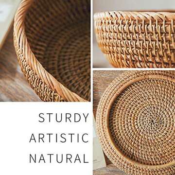 ZOVO NOTTON LDG Bread Serving Basket 3 Size Wicker Fruit Basket Rattan Storage Basket Handmade Basket Decorative Bowl (Flat Edge-LMS, 3pcs)