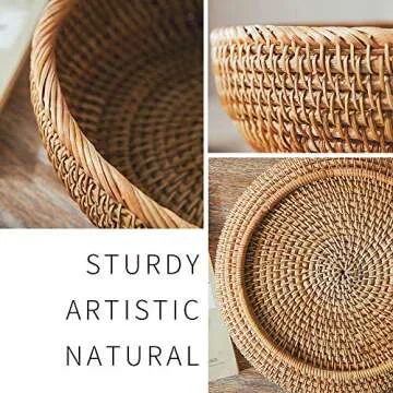 ZOVO NOTTON LDG Bread Serving Basket 3 Size Wicker Fruit Basket Rattan Storage Basket Handmade Basket Decorative Bowl (Flat Edge-LMS, 3pcs)