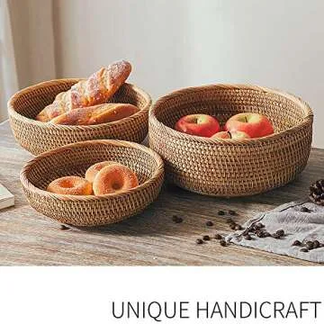 ZOVO NOTTON LDG Bread Serving Basket 3 Size Wicker Fruit Basket Rattan Storage Basket Handmade Basket Decorative Bowl (Flat Edge-LMS, 3pcs)