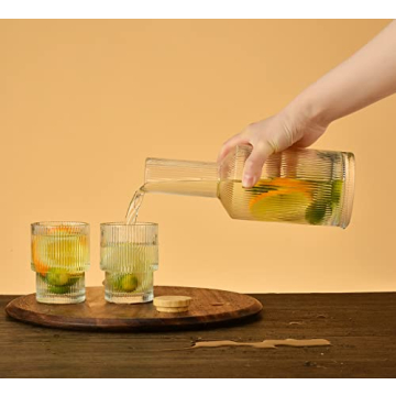 ALINK Vintage Ripple Glass Carafe Set with Cups - 27oz