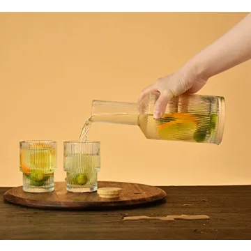 ALINK Vintage Ripple Glass Carafe Set with Cups - 27oz