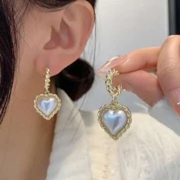 14K Chunky Baroque Pearl Heart Gold Plated Earrings For Women Trendy Earings,Tassel Heart Pearl Drop...