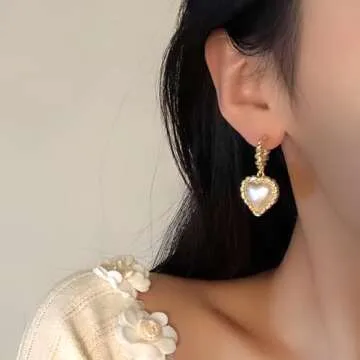 14K Chunky Baroque Pearl Heart Gold Plated Earrings For Women Trendy Earings,Tassel Heart Pearl Drop Dangle Earrings,Woman Dainty Dangly Ear rings,Heart Earings Gold Dangling Earrings,Pierced Love Heart Earrings For Women (Gold Baroque Heart Pearl)
