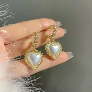 14K Chunky Baroque Pearl Heart Gold Plated Earrings For Women Trendy Earings,Tassel Heart Pearl Drop Dangle Earrings,Woman Dainty Dangly Ear rings,Heart Earings Gold Dangling Earrings,Pierced Love Heart Earrings For Women (Gold Baroque Heart Pearl)