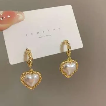14K Chunky Baroque Pearl Heart Gold Plated Earrings For Women Trendy Earings,Tassel Heart Pearl Drop Dangle Earrings,Woman Dainty Dangly Ear rings,Heart Earings Gold Dangling Earrings,Pierced Love Heart Earrings For Women (Gold Baroque Heart Pearl)