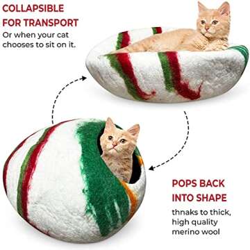 Woolygon Premium Felt Cat Cave Bed – Wool Kitty Beds Handcrafted Kitten Caves Bed for Indoor Cats - Made from 100% Eco-Friendly Merino Wool, Foldable Cat Hidewawy Covered Cat House Pod (Candy Swirl)