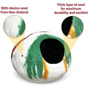 Woolygon Premium Felt Cat Cave Bed – Wool Kitty Beds Handcrafted Kitten Caves Bed for Indoor Cats - Made from 100% Eco-Friendly Merino Wool, Foldable Cat Hidewawy Covered Cat House Pod (Candy Swirl)