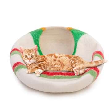 Woolygon Premium Felt Cat Cave Bed – Wool Kitty Beds Handcrafted Kitten Caves Bed for Indoor Cats - Made from 100% Eco-Friendly Merino Wool, Foldable Cat Hidewawy Covered Cat House Pod (Candy Swirl)