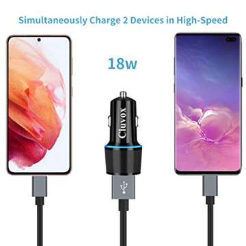 Fast USB Car Charger for Samsung Galaxy A55/A54/A53/A50/A15/A14/S25/S24/S23/S22/S21 Plus/Ultra/S10/S9/S8/Note 20/A10S/A21/A31/A51 Quick Charge 3.0 Dual USB Rapid Car Charger with Type C Cable 3.3ft