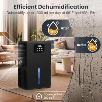 ToLife Dehumidifiers for Home 95 OZ Water Tank with Auto-Off 1000 sq.ft Sleep Mode Portable Dehumidi...