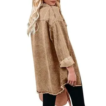 Vetinee Women's Women Jackets Oversized Boyfriend Almond Brown Front Button Up Frayed Raw Hem Long S...