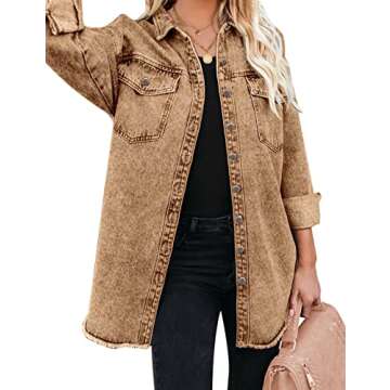 Vetinee Women's Women Jackets Oversized Boyfriend Almond Brown Front Button Up Frayed Raw Hem Long Sleeve Pockets Denim Jean Jacket Shacket Small Size 4 Size 6