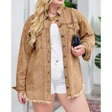 Vetinee Women's Women Jackets Oversized Boyfriend Almond Brown Front Button Up Frayed Raw Hem Long Sleeve Pockets Denim Jean Jacket Shacket Small Size 4 Size 6