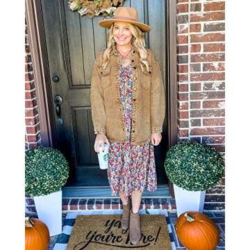 Vetinee Women's Women Jackets Oversized Boyfriend Almond Brown Front Button Up Frayed Raw Hem Long Sleeve Pockets Denim Jean Jacket Shacket Small Size 4 Size 6