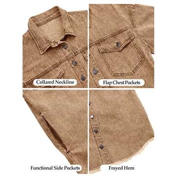 Vetinee Women's Women Jackets Oversized Boyfriend Almond Brown Front Button Up Frayed Raw Hem Long Sleeve Pockets Denim Jean Jacket Shacket Small Size 4 Size 6