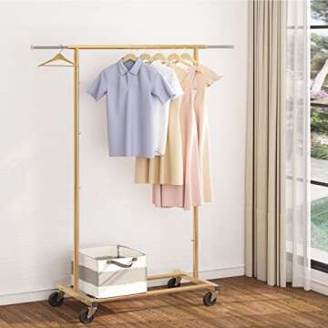Simple Trending Standard Rod Clothing Garment Rack, Rolling Clothes Organizer on Wheels for Hanging Clothes, Golden Yellow