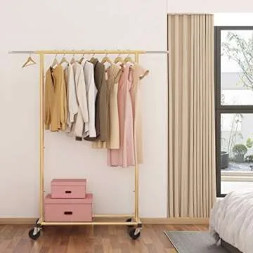 Simple Trending Standard Rod Clothing Garment Rack, Rolling Clothes Organizer on Wheels for Hanging Clothes, Golden Yellow